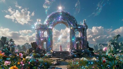 Beautiful shining portal and temple, surrounded by energy of many colors, mountains and clouds, fantasy scene