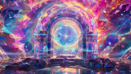 Poster - Fantasy landscape, shining portal and sphere of light, sacred temple with energy of rainbow colors, cosmic scene