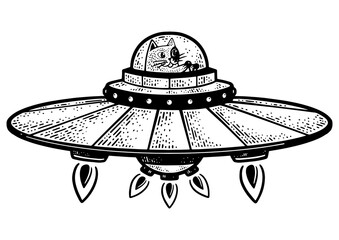 Wall Mural - Cartoon cat fly on UFO flying saucer spaceship sketch engraving PNG illustration. T-shirt apparel print design. Scratch board imitation. Black and white hand drawn image.