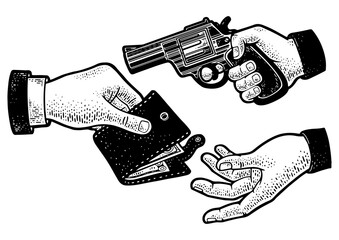 Wall Mural - robbery with a gun sketch engraving PNG illustration. T-shirt apparel print design. Scratch board imitation. Black and white hand drawn image.