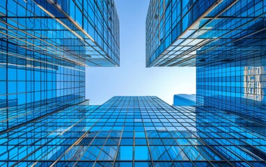 Skyward view between towering blue glass skyscrapers. Modern build architecture, contemporary architecture build.