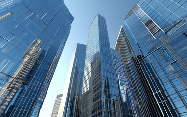 Sunlit skyscrapers with reflective glass facades against clear sky. Modern office building and towering skyscraper, building vibes