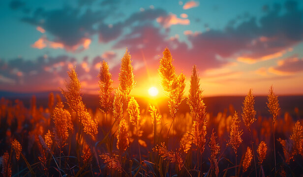 A field of tall grass with a sun shining through the center
