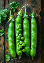 Wall Mural - A bunch of green peas and green beans are sitting on a wooden table