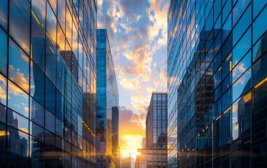 Wall Mural - Sunset reflections on modern glass buildings in a vibrant city skyline. city, buildings, urban reflections