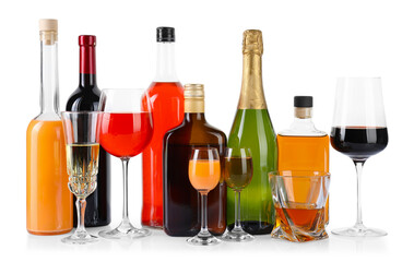 Sticker - Bottles and glasses with different alcoholic drinks isolated on white