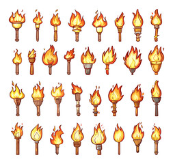 Wall Mural - Cartoon Burning Torches Icon Set. White Background. Very Simple Cartoon Style Medieval Ancient Fire Flames Illumination Exploration Adventure Symbol Illustration