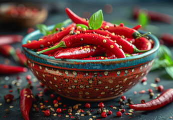 Wall Mural - A bowl of red peppers and spices on a table