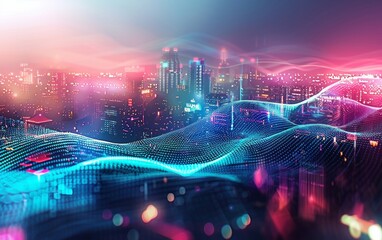 Vibrant neon-lit digital waves flow over a futuristic cityscape in a three-dimensional rendering. Abstract technology background illustration.