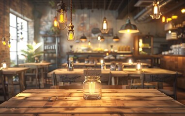 Wall Mural - Warmly lit cafe interior with wooden tables and hanging lamps perfect for montage, advertising, or social media marketing.