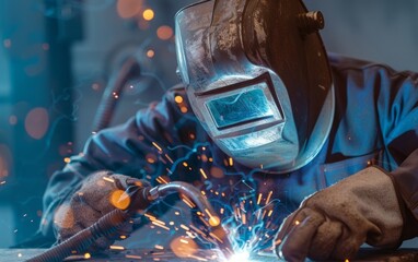 Wall Mural - Welder in protective gear on the job, welding iron with bright sparks flying. Great job action shot with iron work!