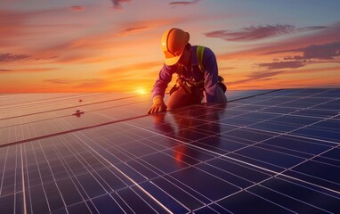 engineer in helmet installing solar panels during sunset. solar panel installation, solar power, pan