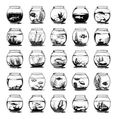 Wall Mural - engraving style different aquariums icons set. hand drawn in a simple style black icons on a white b