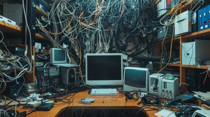 Poster - A cluttered desk with a computer, monitor, and various other electronics, all connected by a tangled web of wires.