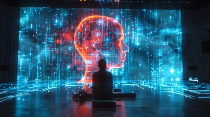 Poster - A silhouette of a person sits before a large screen displaying a holographic image of a human head, showcasing the technological advancements of a debate competition.