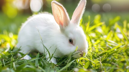 Wall Mural - A white adorable bunny is nibbling on fresh green grass