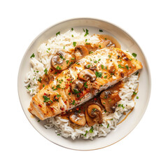 Wall Mural - A Plate of Fish over White Rice with a Wine Mushroom Sauce Isolated on a Transparent Background 