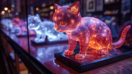 Poster - A glowing, holographic kitten sculpture sits on display in a virtual pet store.