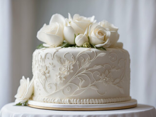 Wall Mural - A white wedding cake adorned with white roses on the top