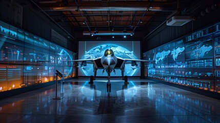 Poster - A modern training facility featuring a holographic simulation of a fighter jet in front of a digital globe projected on a large screen.