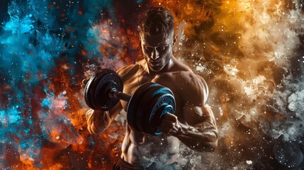 Creative collage image young sportsman lift dumbbells power strengh effort motivation persistence determination training 