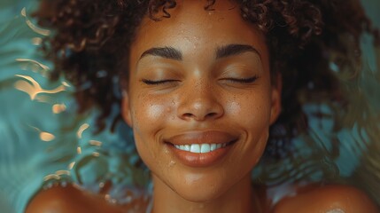 Wall Mural - An intimate close-up of a woman's happy, smiling face surrounded by water, highlighting her freckles