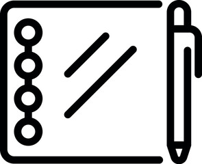 Poster - Simple black and white line drawing of a notebook with a pen for taking notes