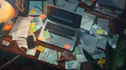 Poster - A cluttered desk with a laptop, papers, sticky notes, and a smartphone. The desk is illuminated by a lamp in the background.
