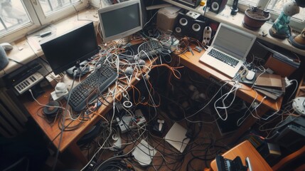 Poster - A cluttered desk with multiple electronics, including a laptop, desktop computer, and a keyboard, covered in a tangled mess of cords and cables.