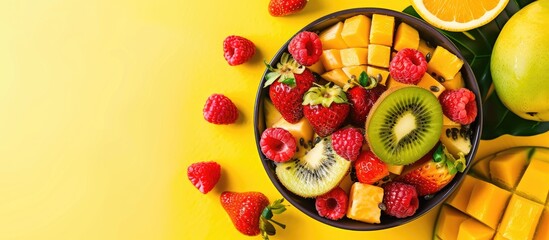 Wall Mural - Tasty tropical fruit salad displayed from above against a vibrant yellow backdrop, with room for text.