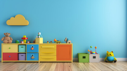 Wall Mural - Interior design of a bedroom with furniture, toys, and colorful cabinets. Childroom