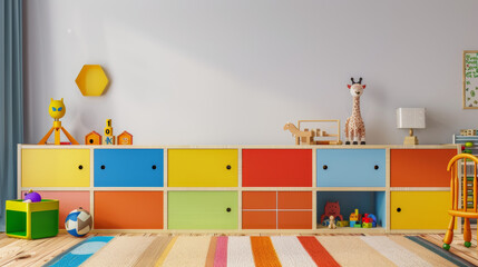 Wall Mural - Interior design of a bedroom with furniture, toys, and colorful cabinets. Childroom