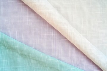 Poster - Closeup of three pastel colored fabric swatches laying on a tabletop, showing the subtle differences in the material. The image provides copy space for designers, artists, and crafters