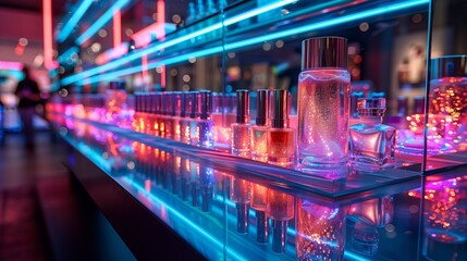 Poster - A row of colorful makeup samples sits on a glass counter illuminated by bright, neon pink and blue lights.