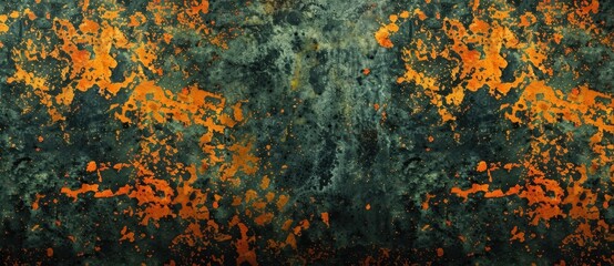 Poster - Dark green grunge background with an orange paint splatter effect, perfect for adding a touch of grunge and texture to any project