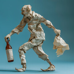 Alcoholic, drunkard, man in relaxed pose with bottle in his hand. Figure made of crumpled paper on blue background, unusual creative illustration