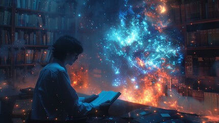 Poster - A young woman reads a book in a library with a holographic display of animated text.