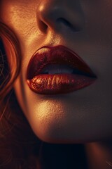 Bold Red Lips: Model's lips adorned with bold red lipstick. The close-up highlights the texture and shine of the lipstick. Fashion. Cosmetics. Beauty.