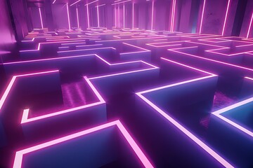 A boundless geometric maze that extends in all directions, its paths lit by neon lights