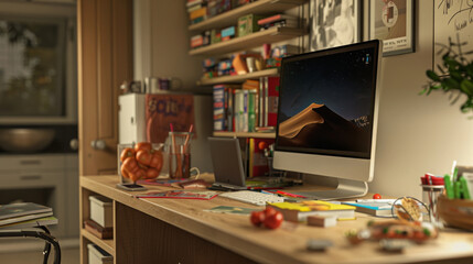 Poster - A home office desk with a computer, books, and other miscellaneous items.