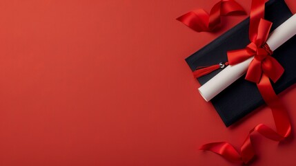 A top view of a diploma adorned with a beautiful bow and a graduation cap with a tassel, set against a red background