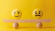 © Michael - Emoji with smiley and sad face on balance board seesaw scale yellow background