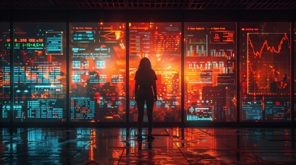 Poster - A woman stands in front of a large window displaying interactive charts and graphs, creating an immersive holographic economics classroom.