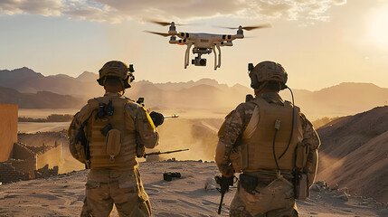 Wall Mural - Two soldiers observe a drone hovering above them in a desert. Concept Military Operation, Surveillance Drones, Desert Landscape, Army Soldiers, Technology in Combat