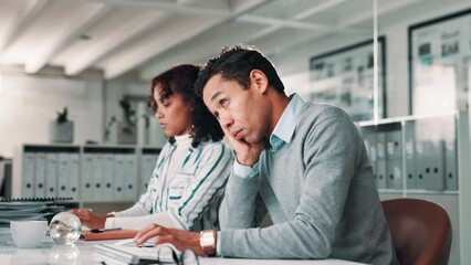 Aufkleber - Business, burnout and tired man in office typing online proposal, report and client feedback. Fatigue, overworked and bored consultant with web, search and b2b communication, low energy and exhausted