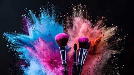 Wall Mural - Colorful powders exploding around cosmetic brushes