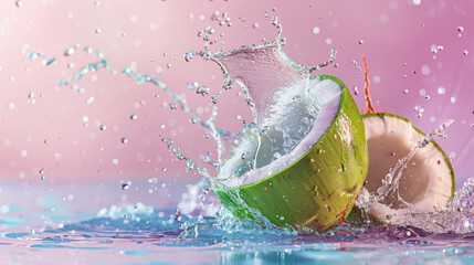 Fresh green coconut splashing into water creating a refreshing splash on a pink background