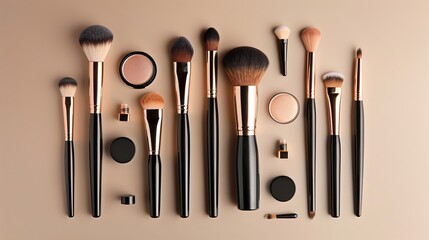 Wall Mural - An assortment of professional makeup brushes and tools, comprising a makeup products set.