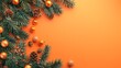 © Michael - Festive christmas background fir tree branches with christmas decorations on orange background