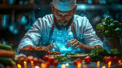 Poster - A chef teaches a holographic cooking class in a modern kitchen. The chefs hands are glowing with light as he prepares food.